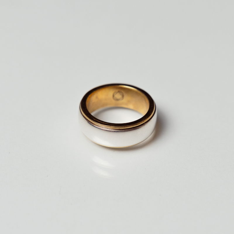 The Jake ring anxiety ring with bronze inside and silver spinning ring on outside on white background